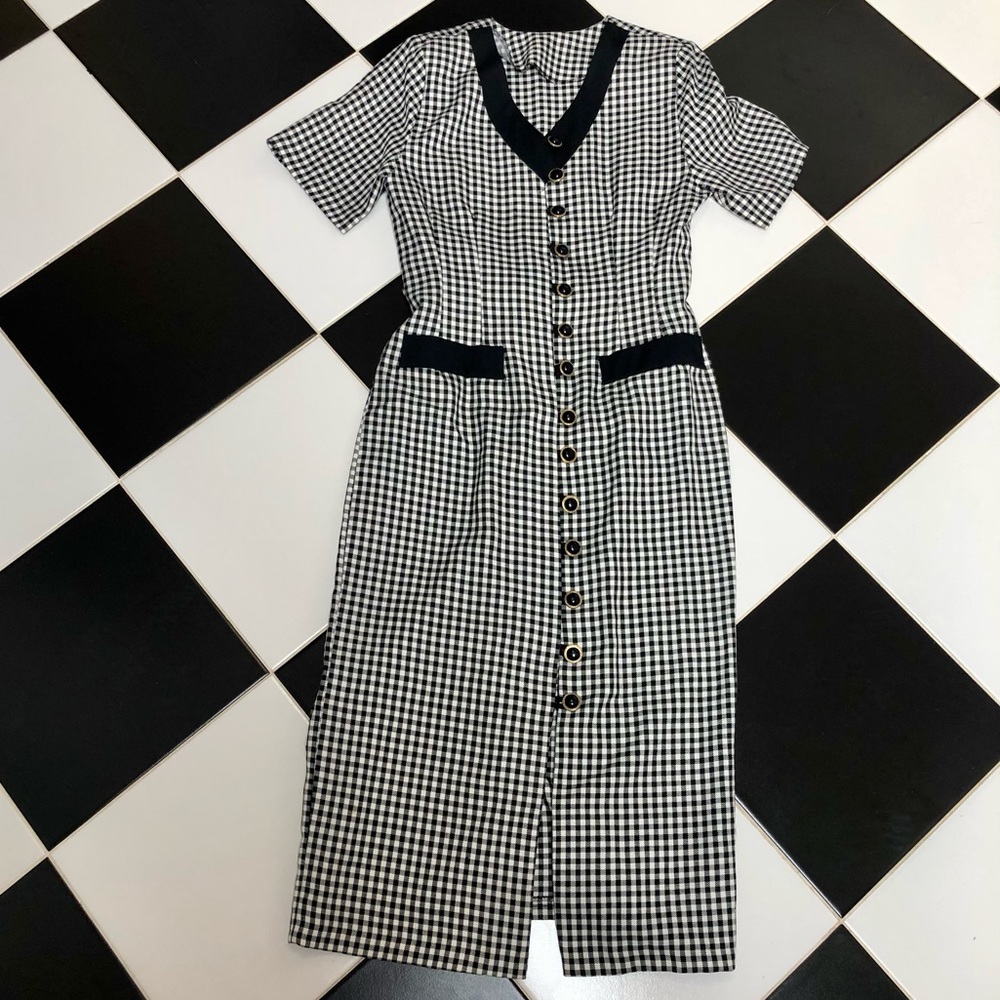 Vintage Gingham Midi Dress V-Neck Collared Black White Button Front Retro Mod M
